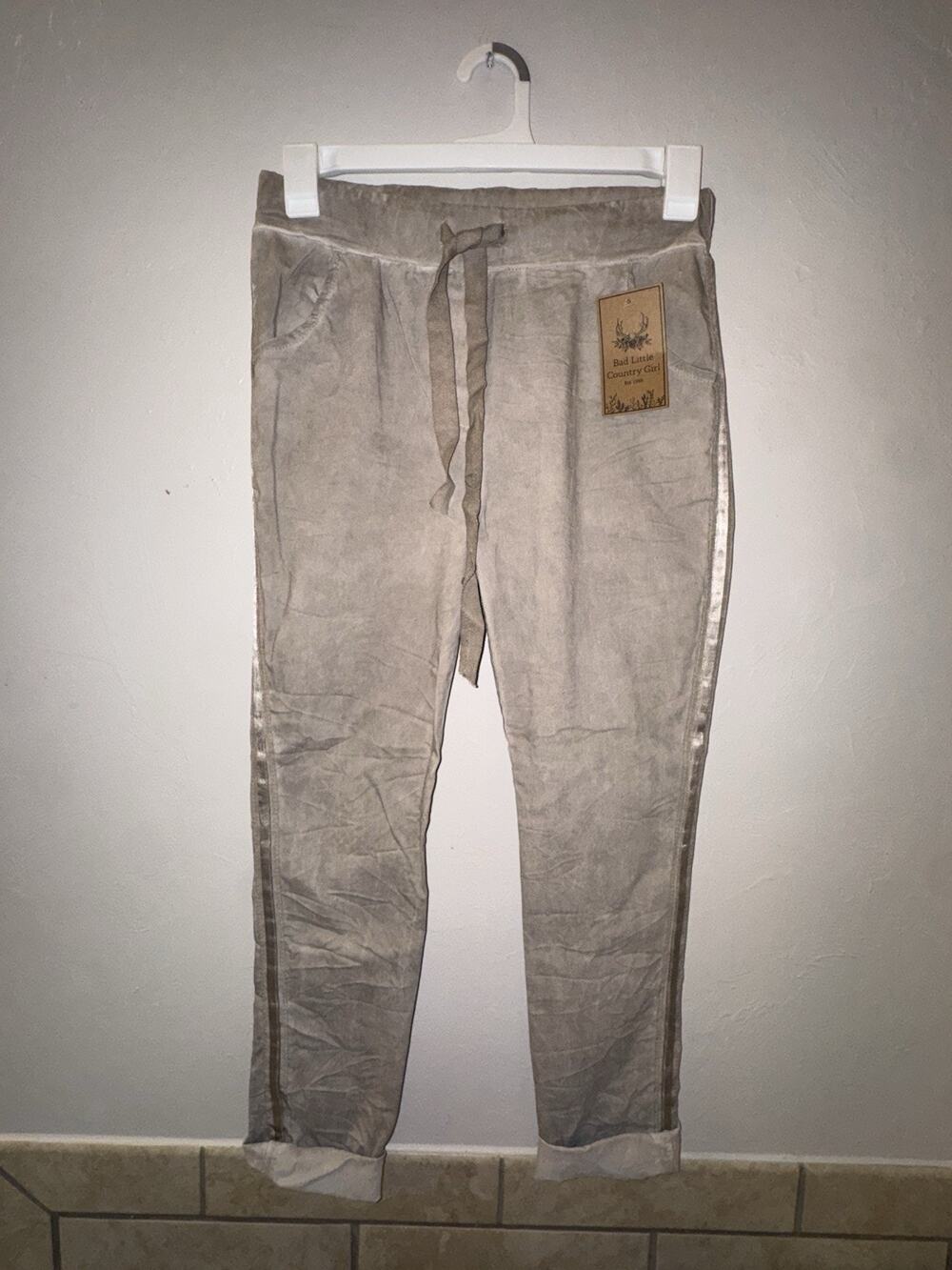 NWT Bad Little Country Girl Stretch Pants Taupe With Side Stripe Tie Waist